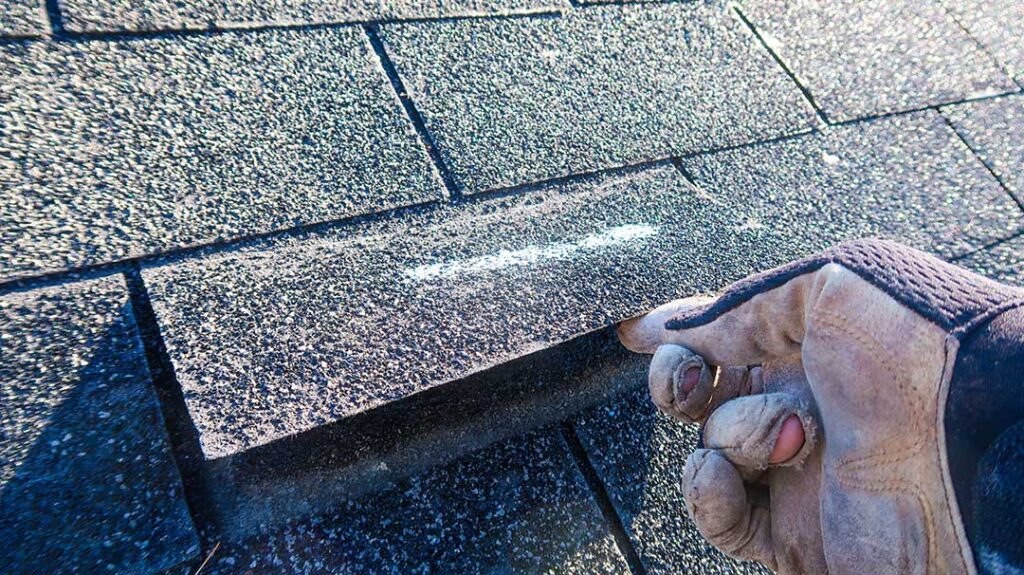 Close-up of curled and cracked asphalt shingles on a residential roof beside a handheld inspection tool.