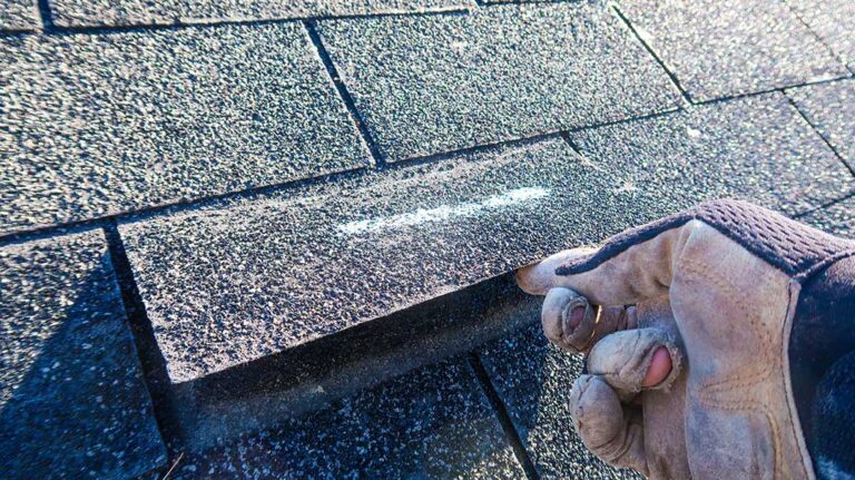 Close-up of curled and cracked asphalt shingles on a residential roof beside a handheld inspection tool.